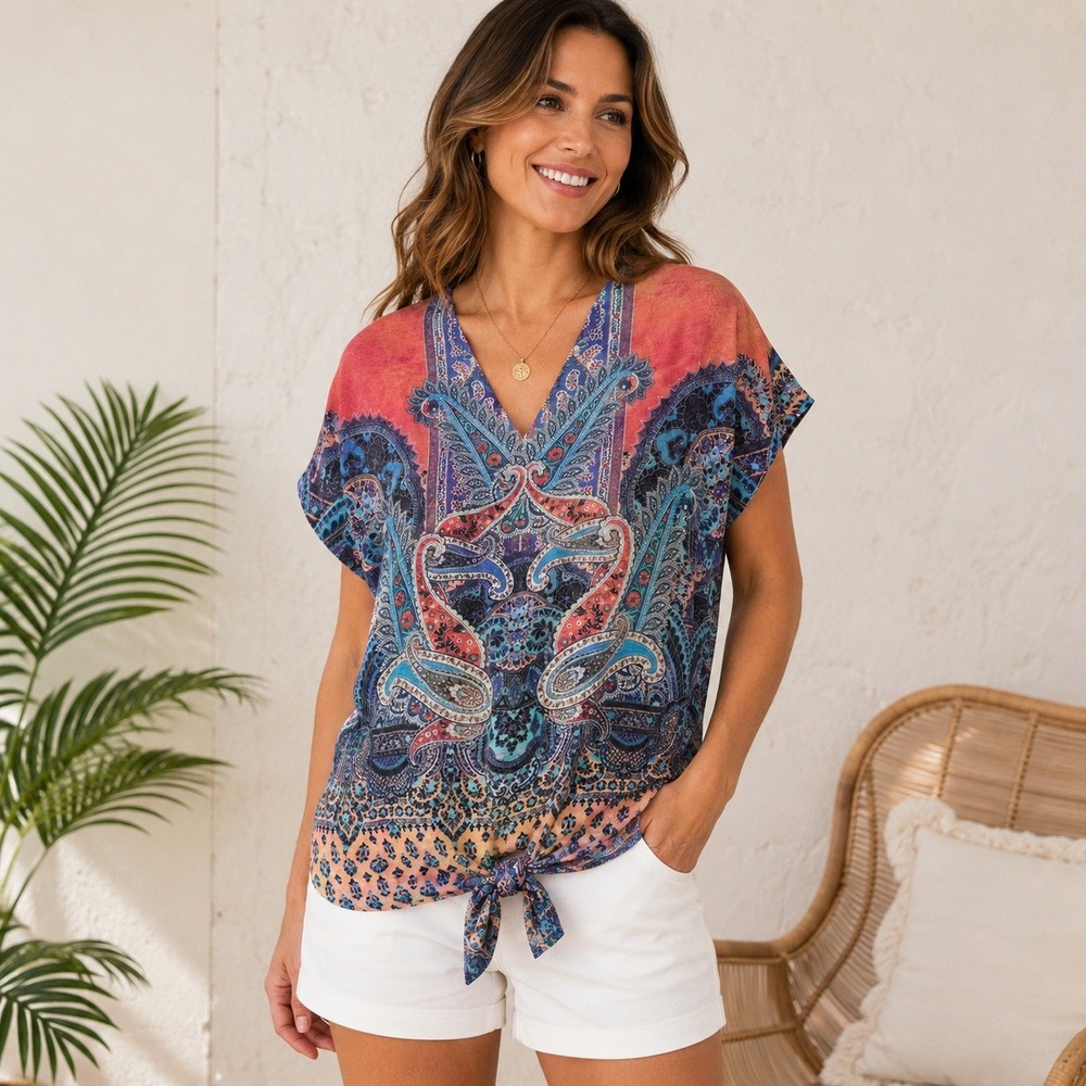 Chicos Paisley Rhinestone Tie Front Top Blue Orange V-Neck Short Sleeve‎ Size 2